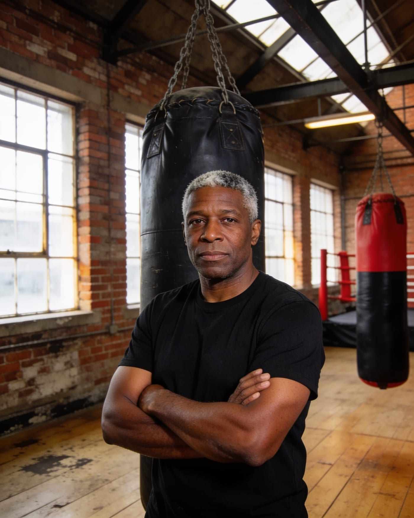 Portrait of Dee Okafor in a black club T-shirt, arms folded, in front of a heavy bag