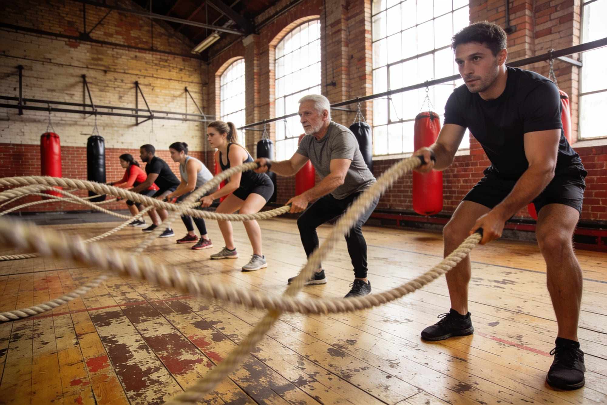 A row of members slamming battle ropes in a gym with brick walls