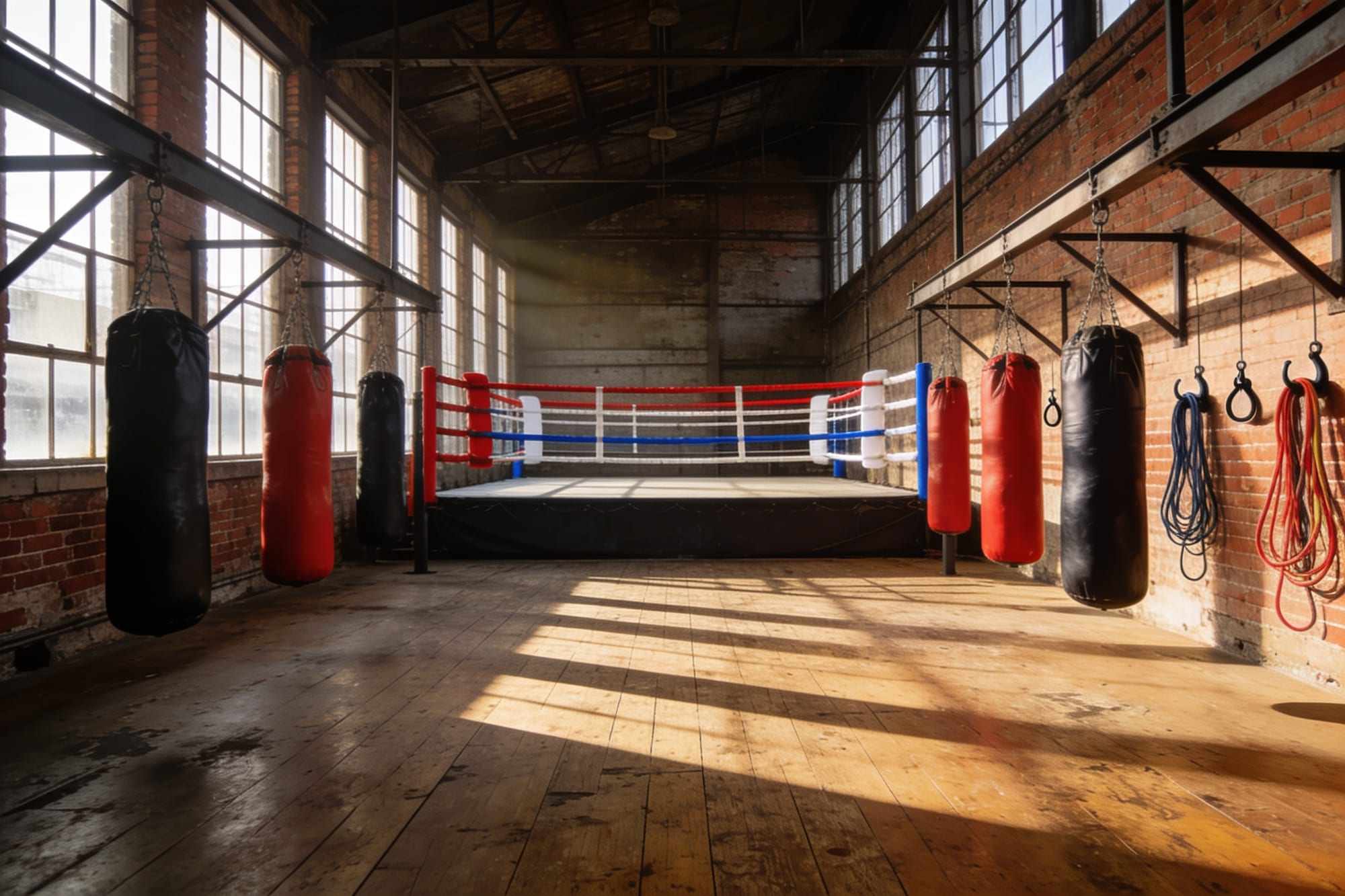 The inside of the gym: a boxing ring, rows of heavy bags and brick walls under tall mill windows