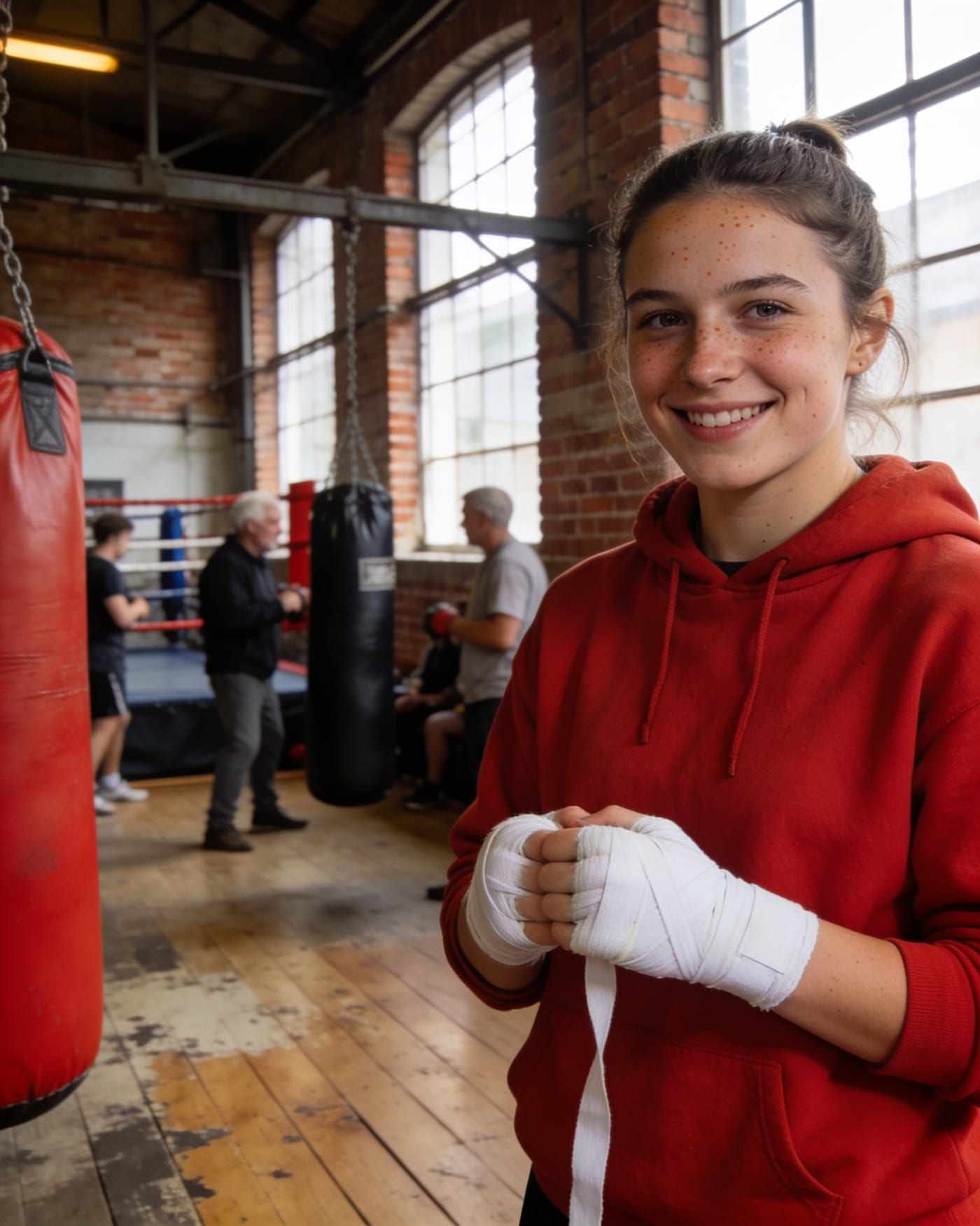 Portrait of Jess Hale in a red hoodie with hand wraps on, smiling