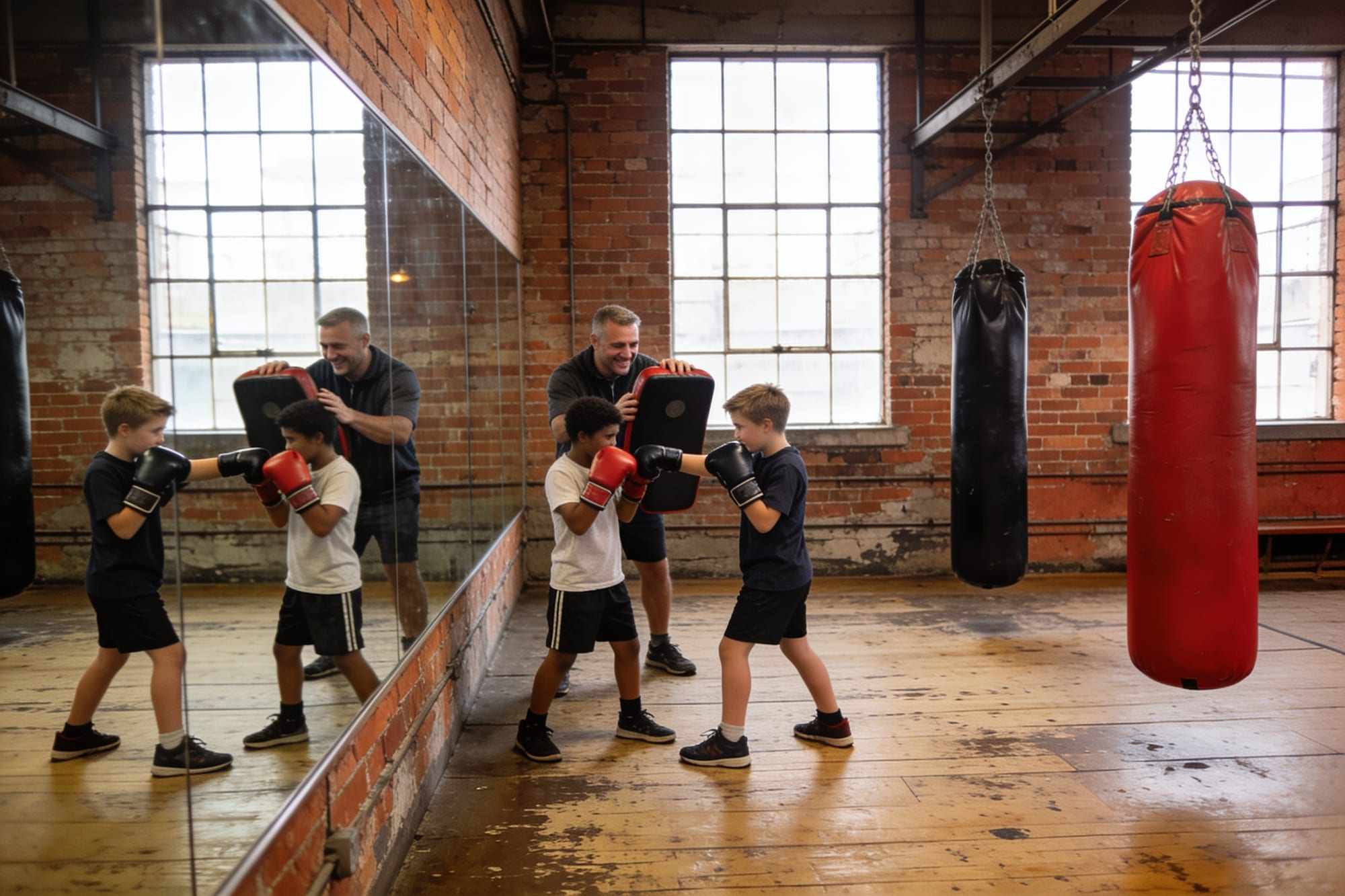 Two young boxers in junior gloves practising jabs in front of a mirror