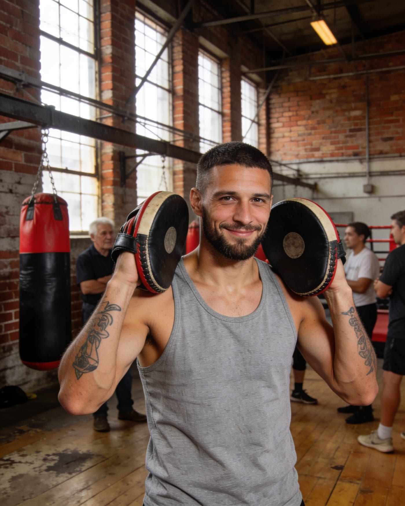 Portrait of Kai Brennan holding focus pads up in a gym