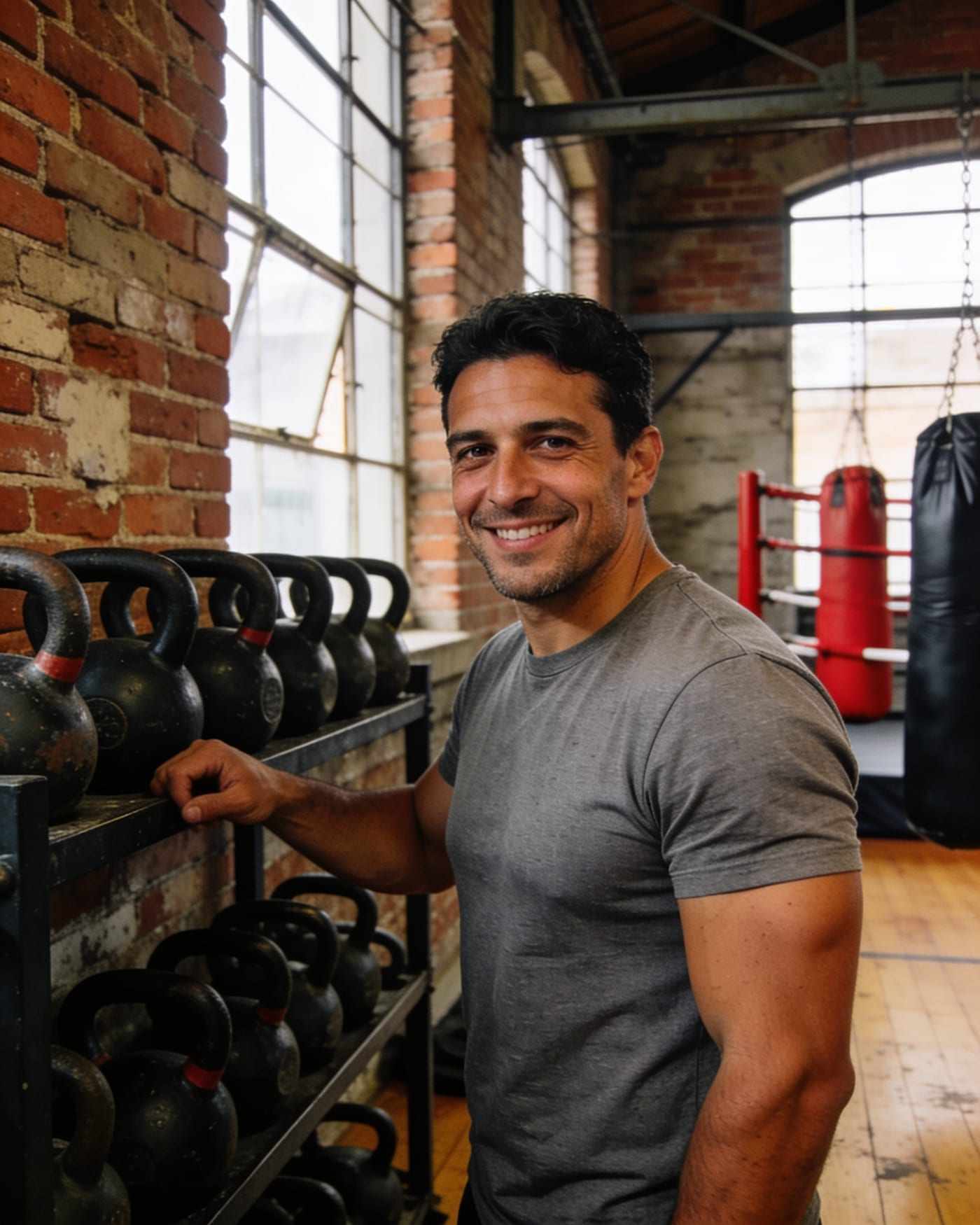 Portrait of Marco Silva in a grey T-shirt beside a rack of kettlebells