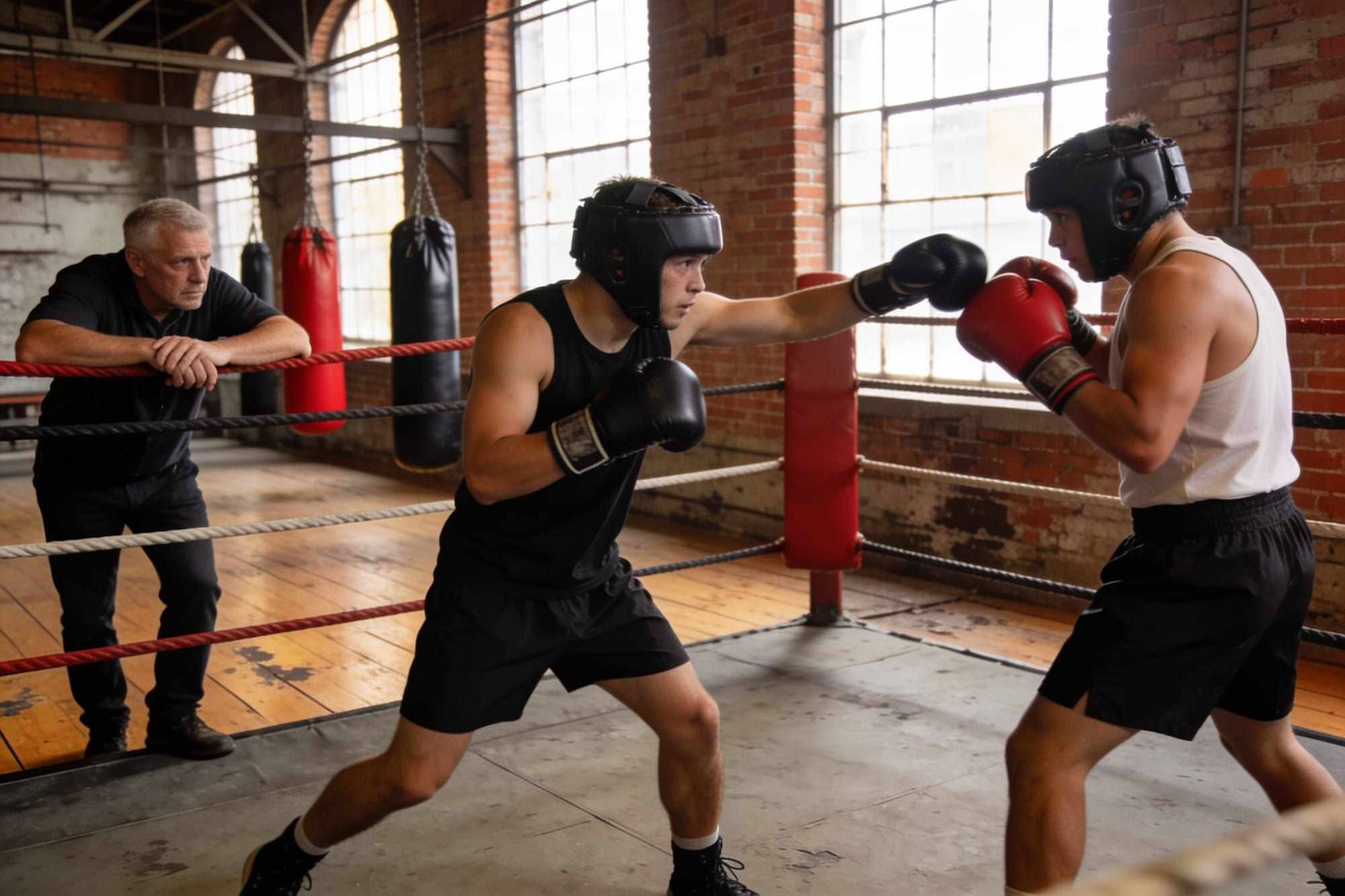 Two boxers in headguards sparring in a ring while a coach watches from the ropes