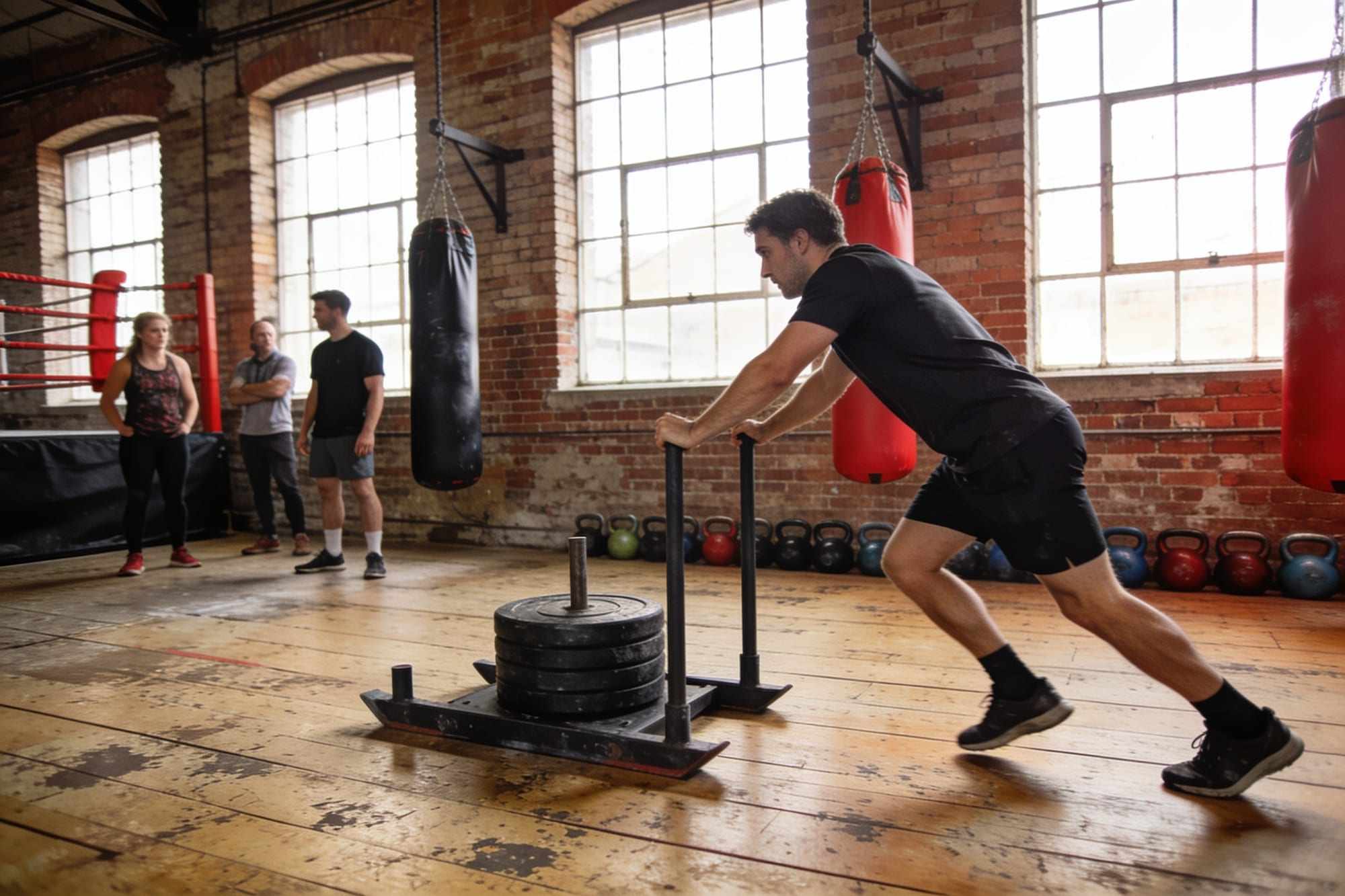 A member pushing a weighted sled across the gym floor