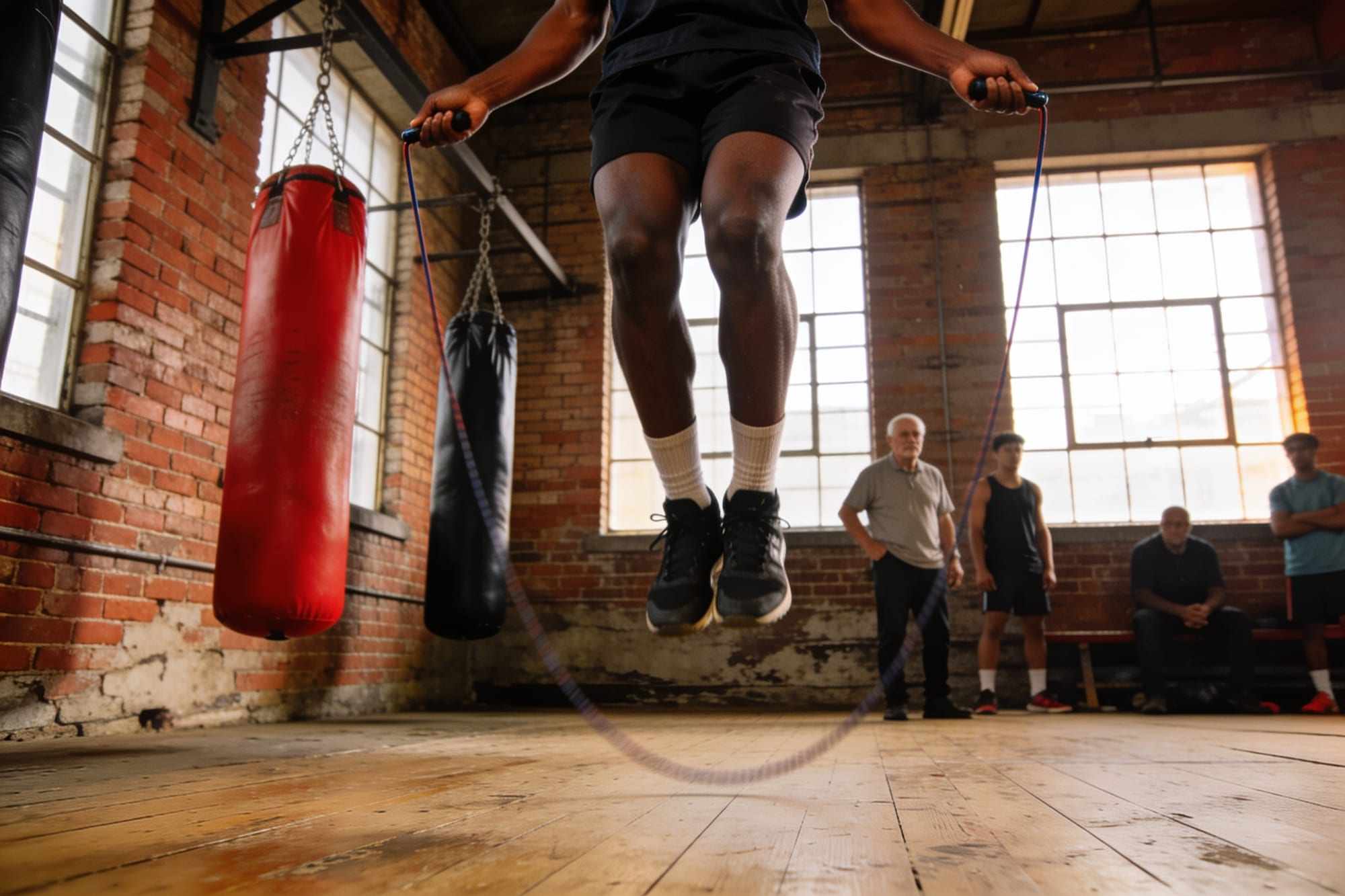 A boxer skipping fast in a gym, the rope a blur